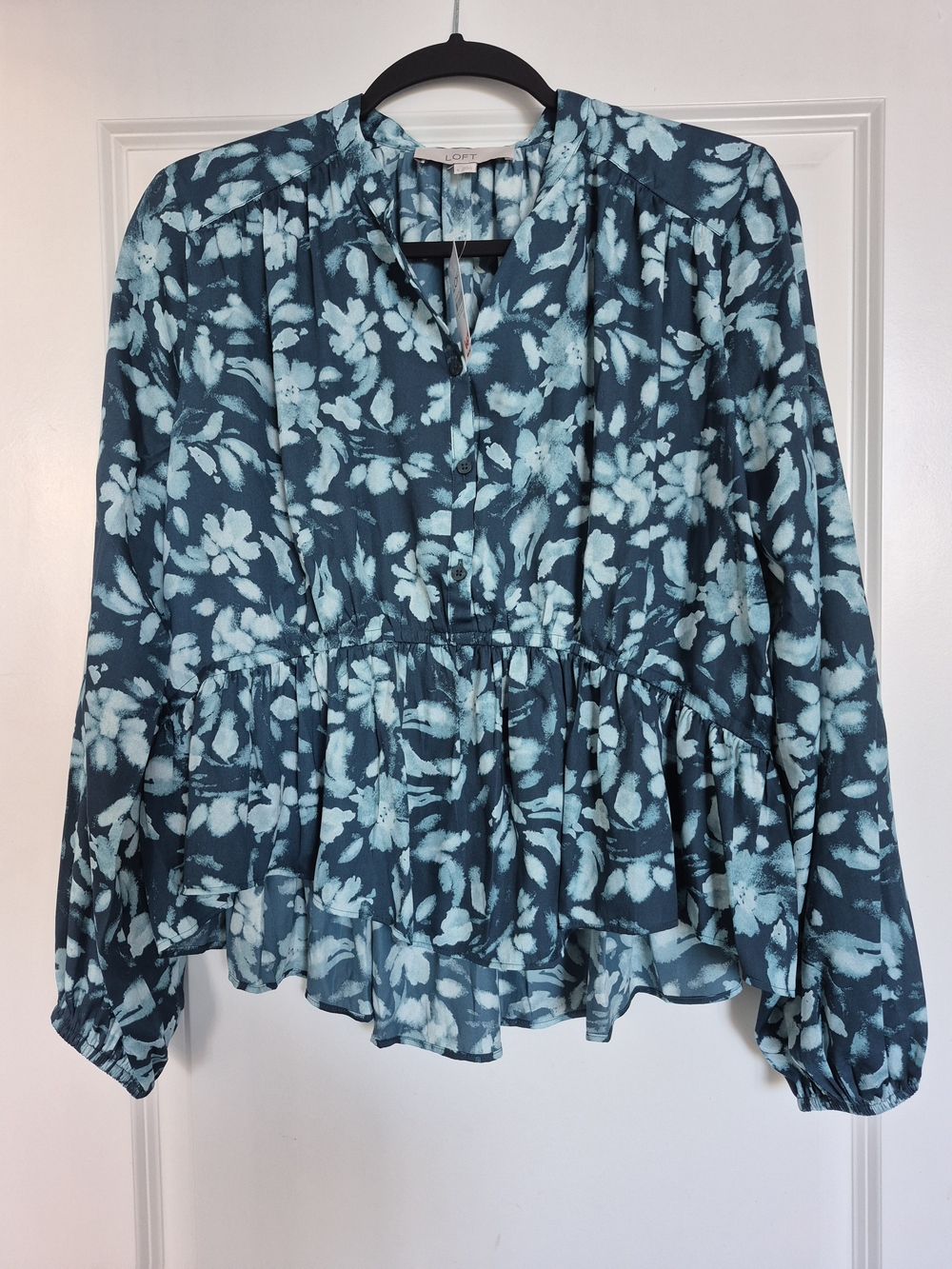 LOFT Teal and Light Blue Floral Peplum Blouse